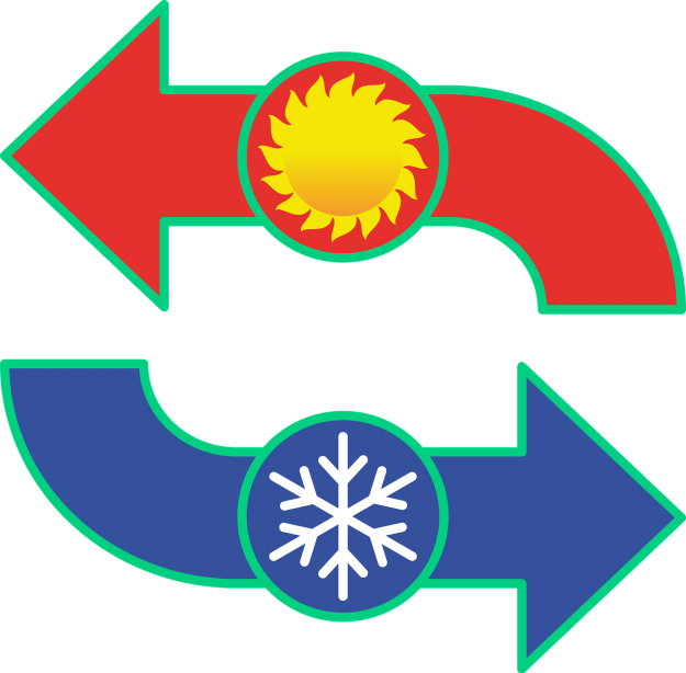 Cartoon arrows depicting heat traveling one way and cold traveling the other