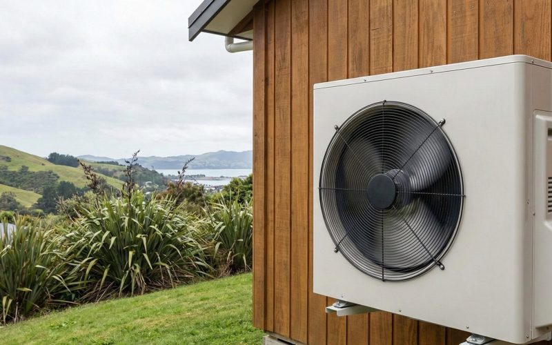 Modern beige outdoor air conditioner mounted on wooden siding, overlooking green hills and a distant lake under cloudy sky